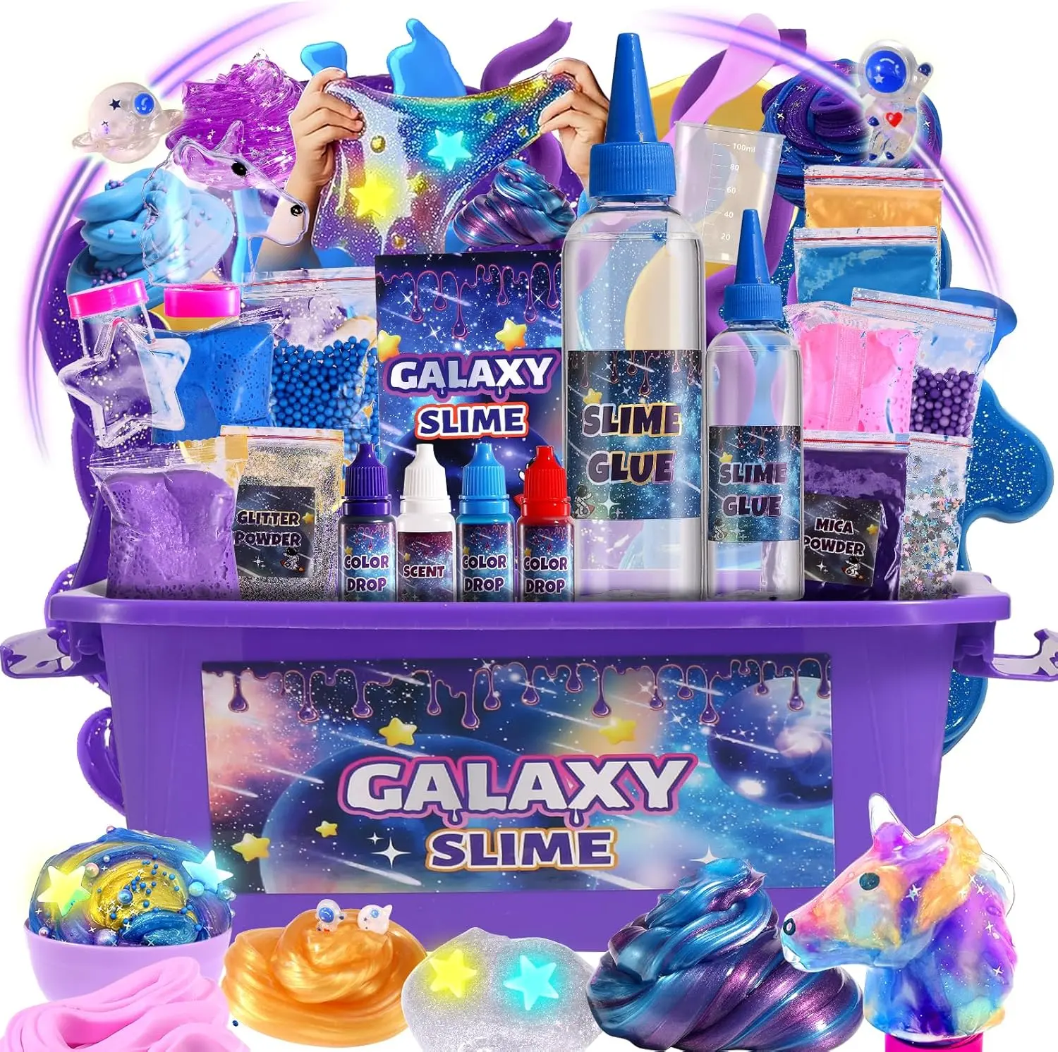 Summer Spring Gift Mini Galaxy Slime Kit, with Glow in The Dark Stickers,Making Butter Slime, Dark Powder to Make Glitter & Galactic Slime, Stress Relief Toys, Party Favors for Kids, for Girls Boys 6 7 8 9 10 11 12