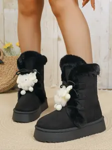 Women's Plush Mid-Calf Snow Boots, Corduroy Design with Trim, Round Toe Thick Sole, Lace-Up Closure, Warm and Comfortable for Winter