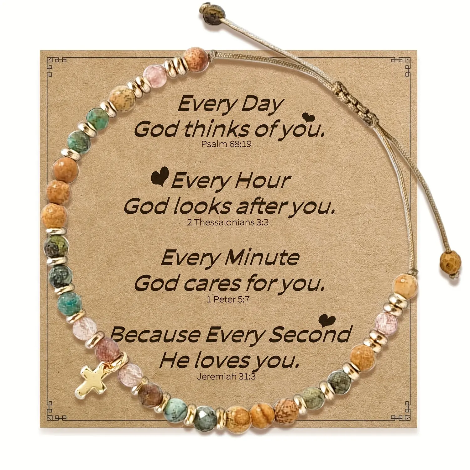 Women's Fashion Bracelet, Vintage Bohemian Style Christian Gift, Prayer Bracelet with Natural Stone Beads and Cross Pendant, Symbol of Faith, Includes Blessing Card