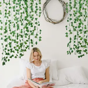 12/24 Pcs Fake Vines for Room Decor, Artificial Ivy Garland with Clip, Green Flowers Hanging Plants, Faux Greenery Leaves, Bedroom Aesthetic Decor for Home Garden Wall Wedding