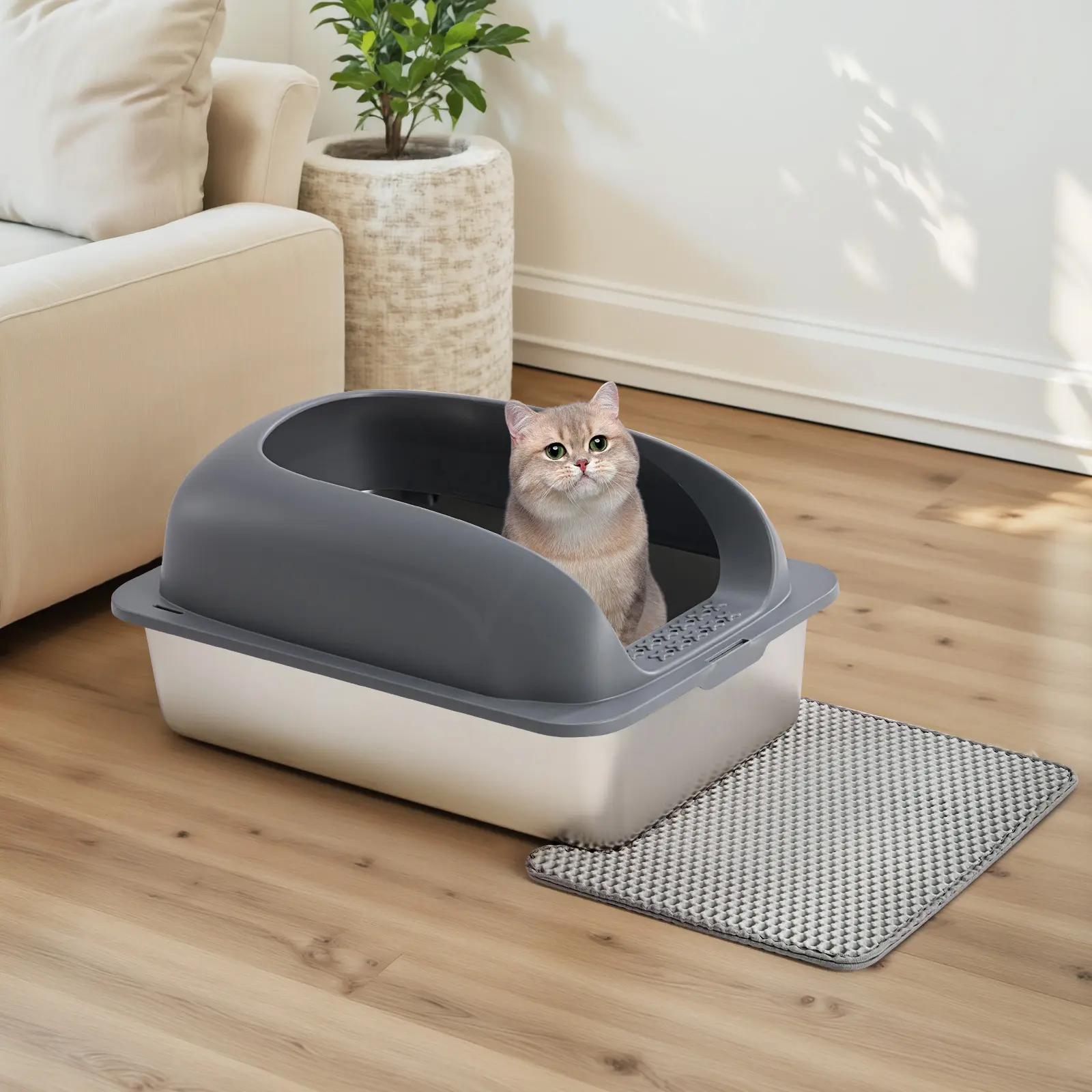 23.6in Stainless Steel Sifting Litter Box, Odorless Metal Litter Box with Lid, Included Scoop and Mat, Durable Litterbox for Cats, Odorless Litter Boxes
