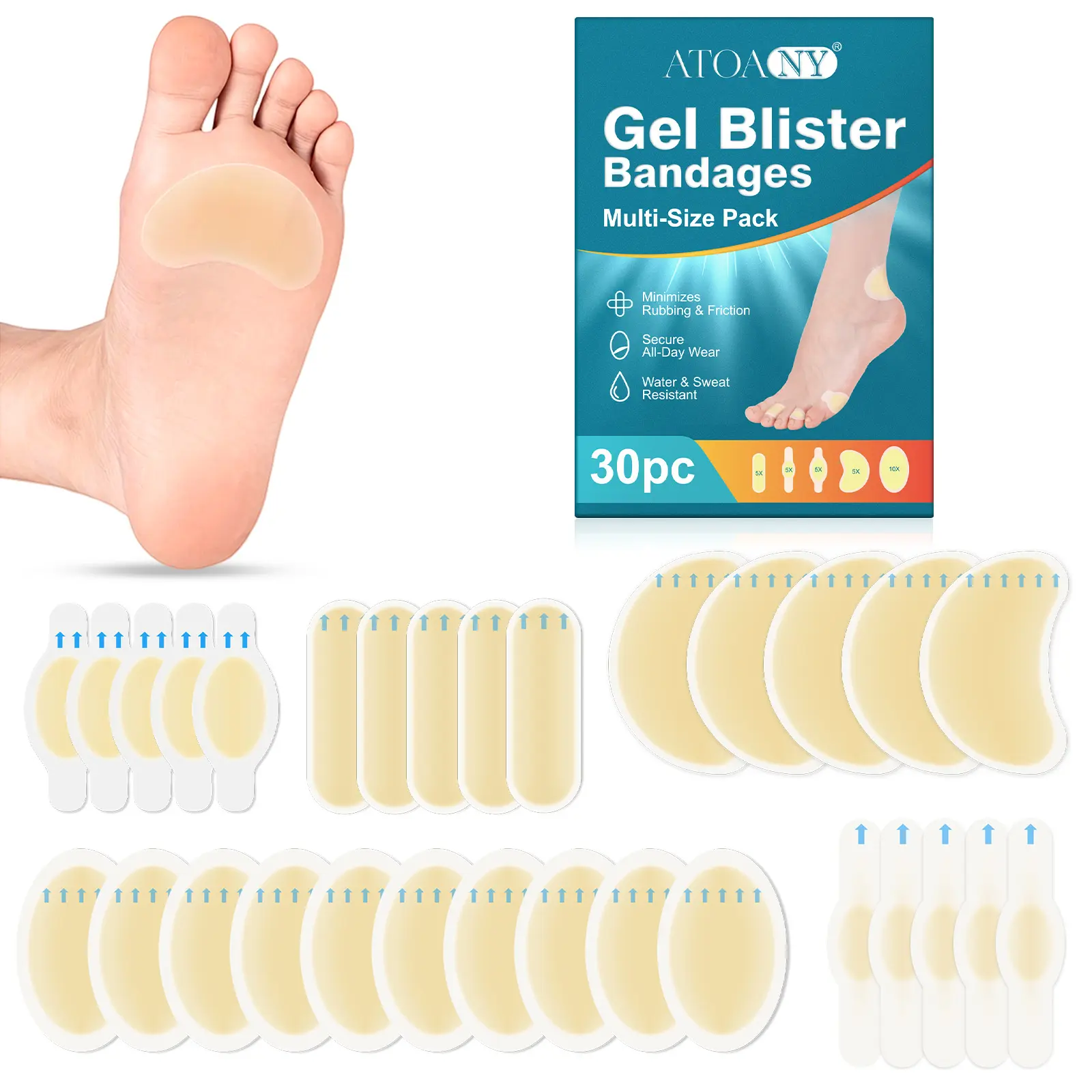Atoany Hydrogel Foot Protection Pads 30pcs, Pressure Relief Heel Cushions, Anti-Slip Waterproof Sweat-Proof, Suitable for Business Travel Outdoor Sports