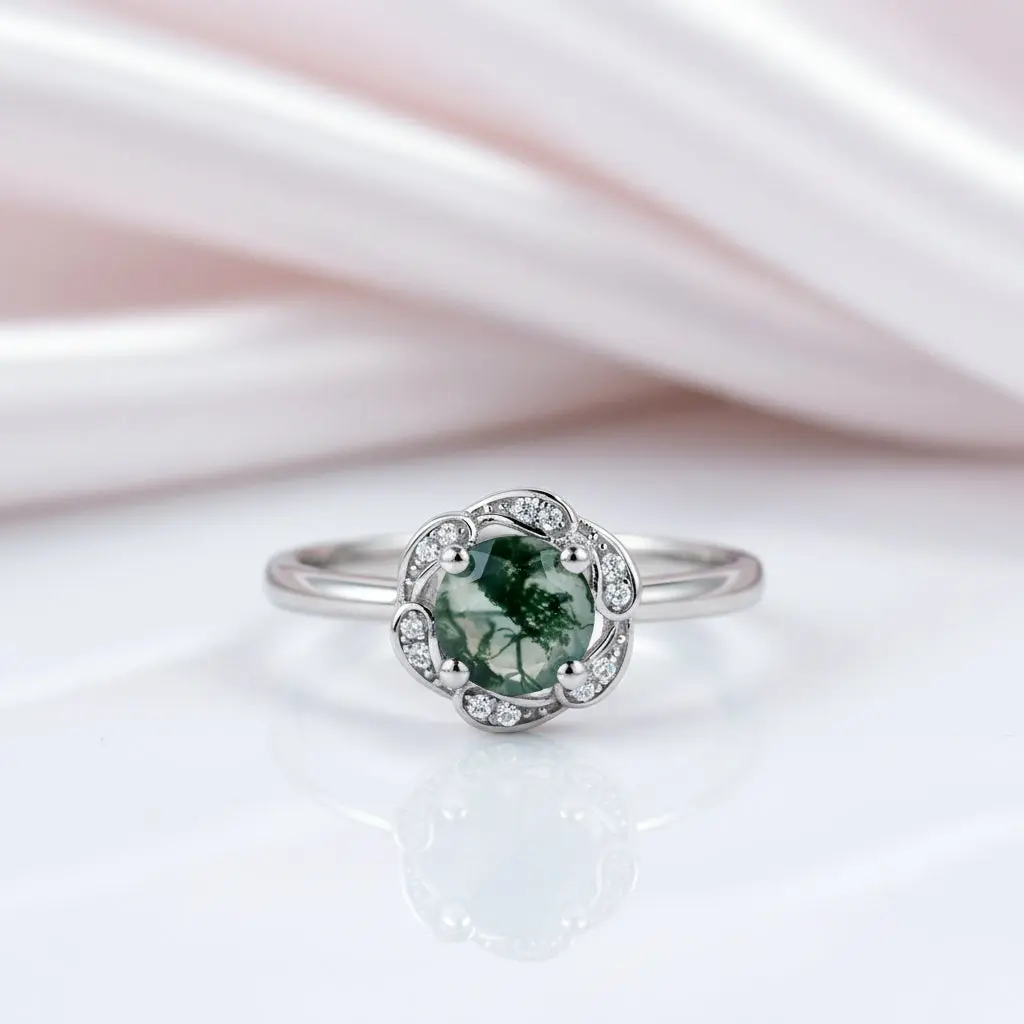 6*6mm Natural Moss Agate Engagement Ring