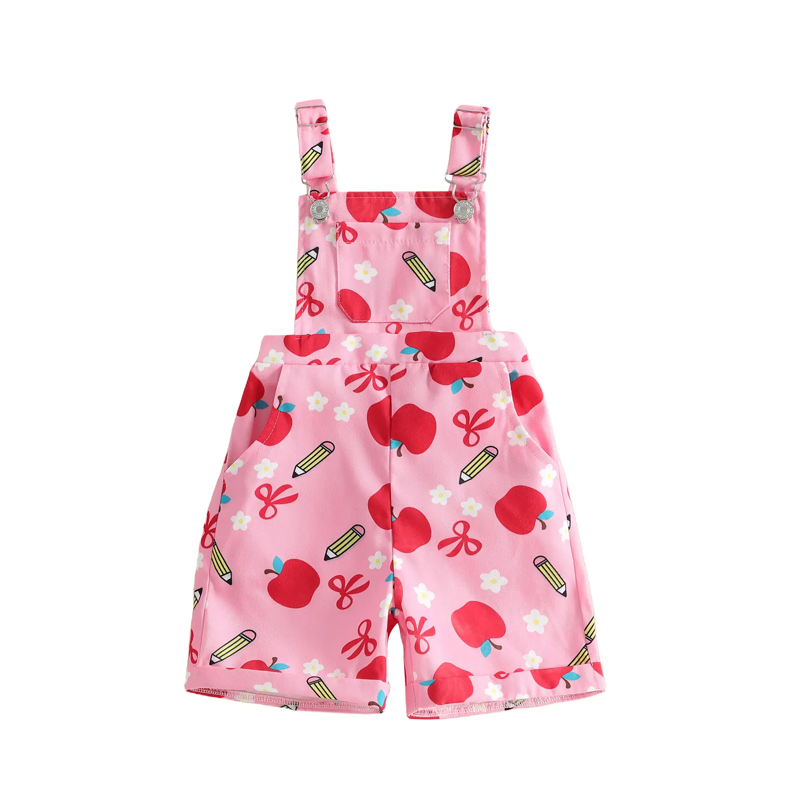 Toddler Baby Little Girls Overalls Shorts Pencil Bow Print Sleeveless Jumpsuit Kids Rompers Back to School Outfits 1-6 Years