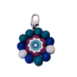 Blue Flower Zipper Pull or Charm Attachment with Colorful Beads and Secure Hook Design
