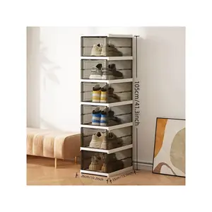 6-Tier Foldable Shoe Container with Clear Door, No Assembly Required, Stackable Clear Plastic Shoe Organizer for Home Storage