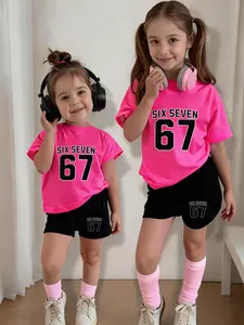 Girls' Casual Short Sleeve Shorts Set, Age 4-12, Vibrant Round Neck Tee with Bold Print, Sporty Style, Matching Shorts, Girl Clothes School Clothes Kids