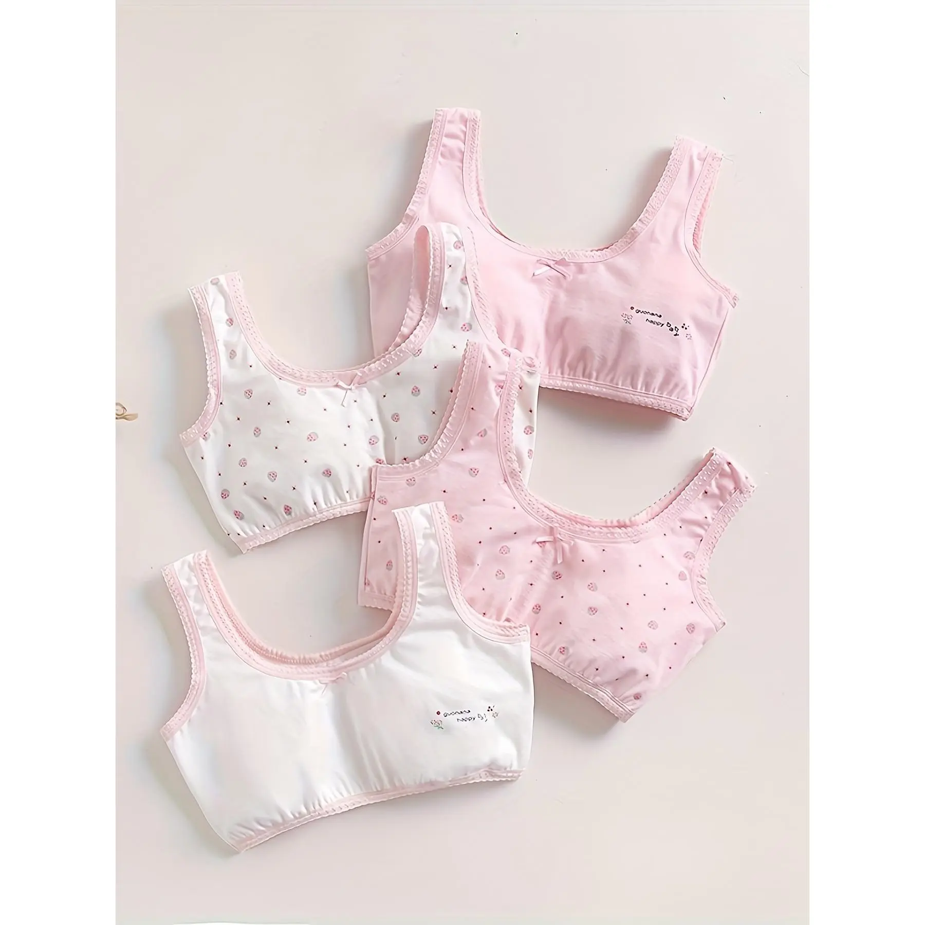 Girls' Training Bras 4-Pack, Soft Cotton Breathable Vest Style Underwear with Strawberry Print, Comfy Fashion Inner Wear for Teens 8-16, Comfy Underwear, Breathable Girls' Bras, Tween Bras, Youth Underwear