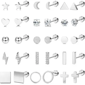 15 Pairs Tiny Cartilage Stud Earrings Set for Women, Stainless Steel Flat Back Earrings, Star Moon Round Heart Cross CZ Studs, Silver Piercing Jewelry Pack