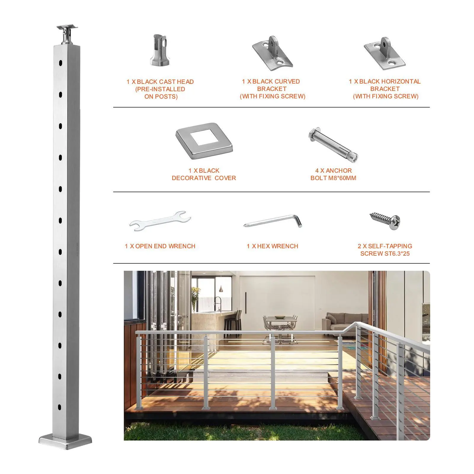 VEVOR Stainless Steel Cable Railing Post, 42x1.97x1.97in Metal Deck Stair Post with Pre-Drilled Pickets & Mounting Bracket, Outdoor Garden Patio Railing Kit for Easy Installation, Silver Wire Drawing Finish