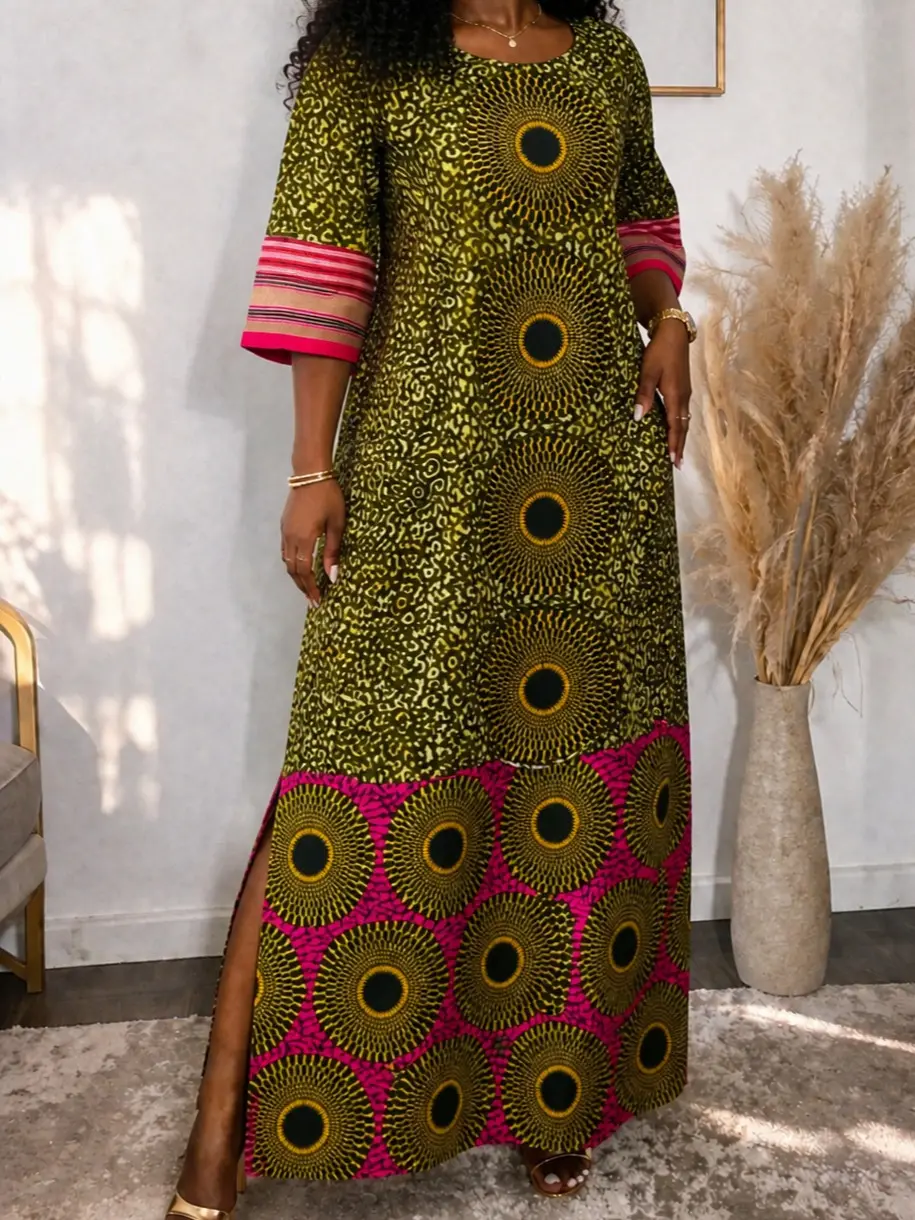 Elegant long dress made with African wax print and assoke fabric