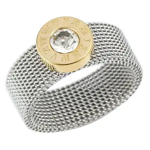 LUX-JEWEL - Gold Color Stainless Steel Ring Big Round Crystal Mesh Finger Ring Roman Numerals Rings Round Titanium Ring for Women Men