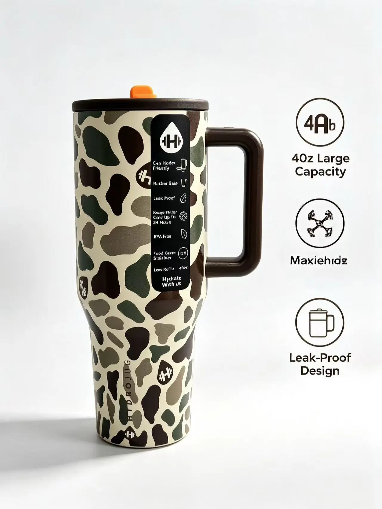 HydroJug 40oz Modern Insulated Camo Style Stainless Steel Vacuum Flask Mug - Portable Travel Tumbler with Handle, Spillfree Lid, Cup Holder Friendly, Gift-Ready for Hunters & Outdoor Enthusiasts