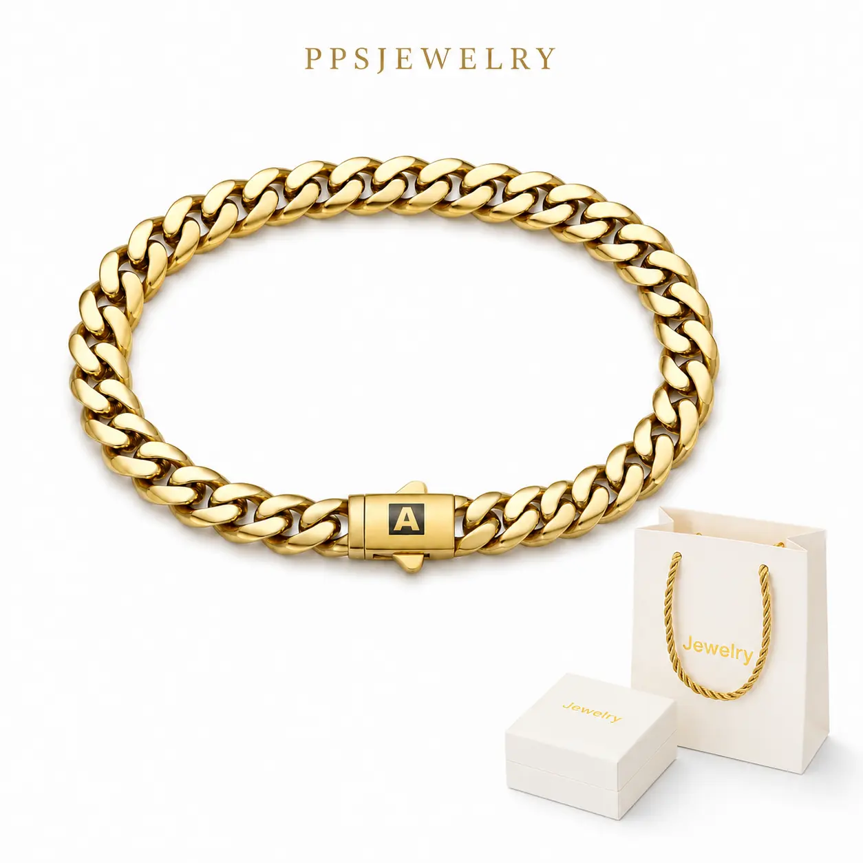 A-Z Initial Cuban Link Bracelet, 26 Letters Customizable Smooth Gold-Tone Chain, 8mm/14mm, 7.5in/8.5in, Unisex Jewelry
