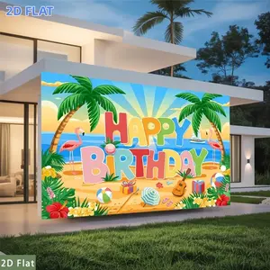 2D Flat Banner 1pc, Party Banners Tropical Beach Happy Birthday with Flamingos And Palm Trees Polyester Backdrop Event Decoration Home Room Courtyard Farm Garden Graduation Photography Live Streaming Wedding Club Gift