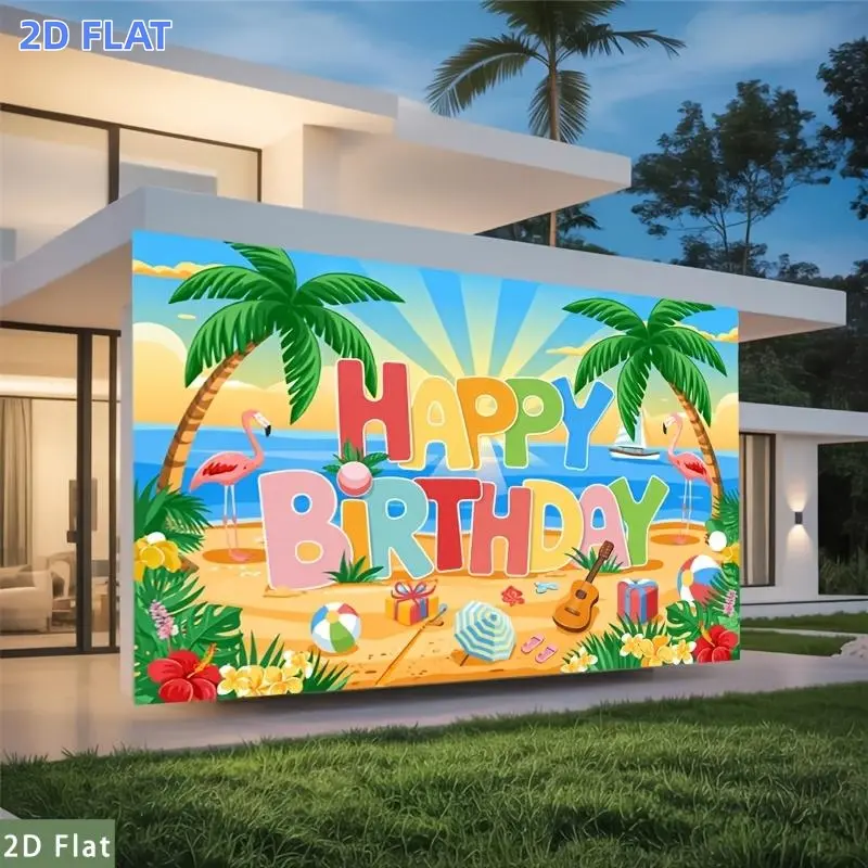 2D Flat Banner 1pc, Party Banners Tropical Beach Happy Birthday with Flamingos And Palm Trees Polyester Backdrop Event Decoration Home Room Courtyard Farm Garden Graduation Photography Live Streaming Wedding Club Gift