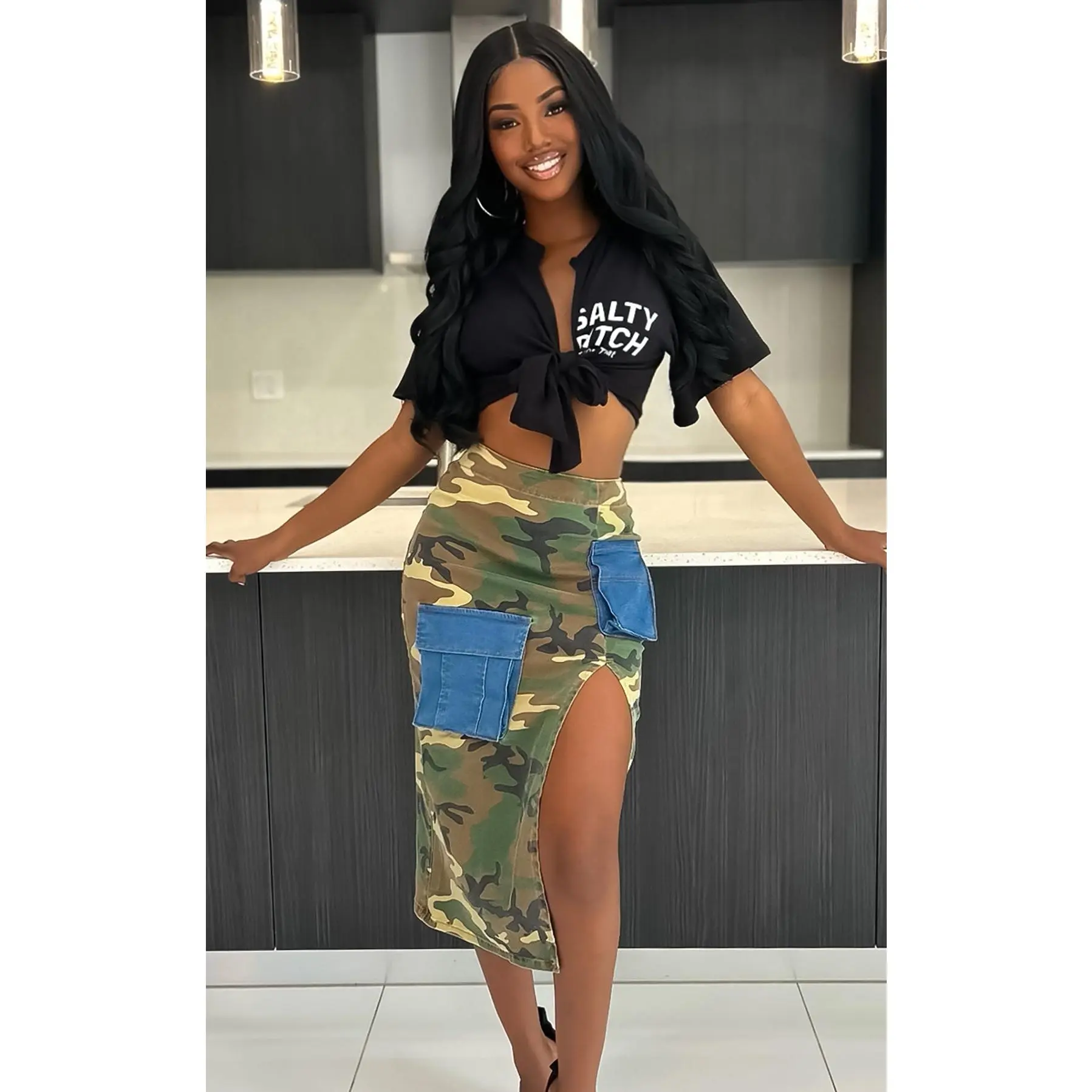 Mixing Fatigue Army And Denim Skirt