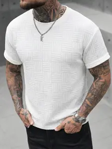 Men's White Textured T-Shirt | Premium Woven Geometric Crew Neck Tee | Breathable Lightweight Streetwear for Casual Daily OOTD Menswear Round Neck