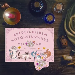 Wooden Cat Spirit Board Set, 2-Piece Talking Board with Planchette Divination Kit, Psychic Decoration, 11.8x8.3 Inches ()