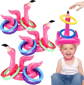 Summer Spring Gift 15 Pcs Inflatable Flamingo Pool Toys Ring Toss Pool Game, Flamingos Luau Party Decor Hawaiian Beach Toys Carnival Outdoor Luau Party Games Supplies for Adults Family