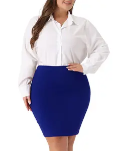 Agnes Orinda Plus Size High Waist Stretch Office Work Bodycon Pencil Skirt Royal Blue