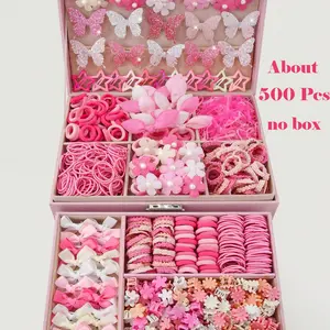 500pcs/Set Girls' Pink Bowknot Hair Clips, Cute Princess Hair Accessories, High Elastic Durable Non-Damaging Hair Ties, Hair Bands, Rabbit Ear Hair Rings, Versatile Duck Clip Barrettes, Suitable For Daily Use