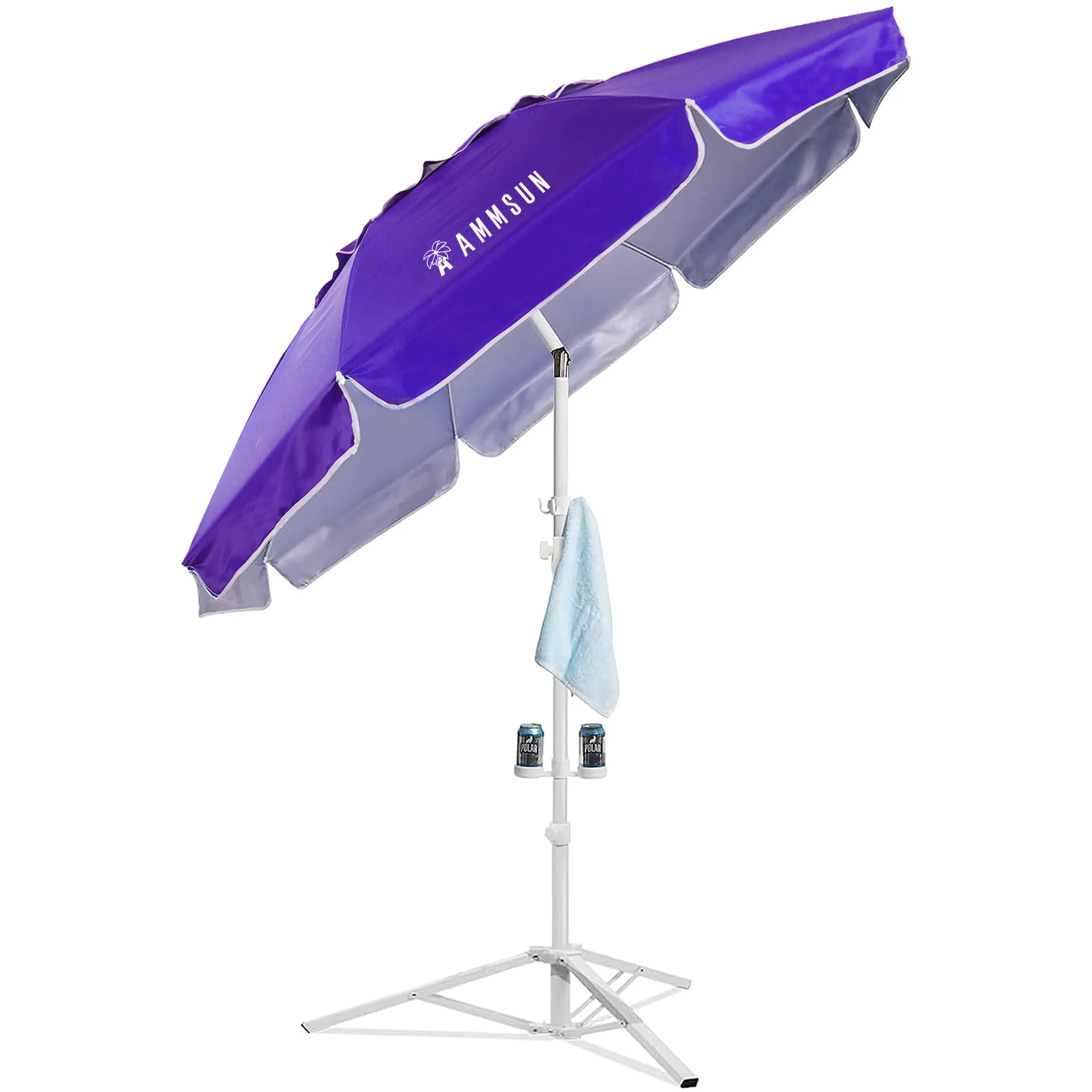 AMMSUN 6.5ft Outdoor Patio Umbrella with Fiberglass Ribs, Portable Tripod Stand with Adjustable Height, Tilt, UV Protection, and Cup Holders for Beach, Garden, Camping (Purple), Outdoor Patio Umbrellas, Patio Parasol