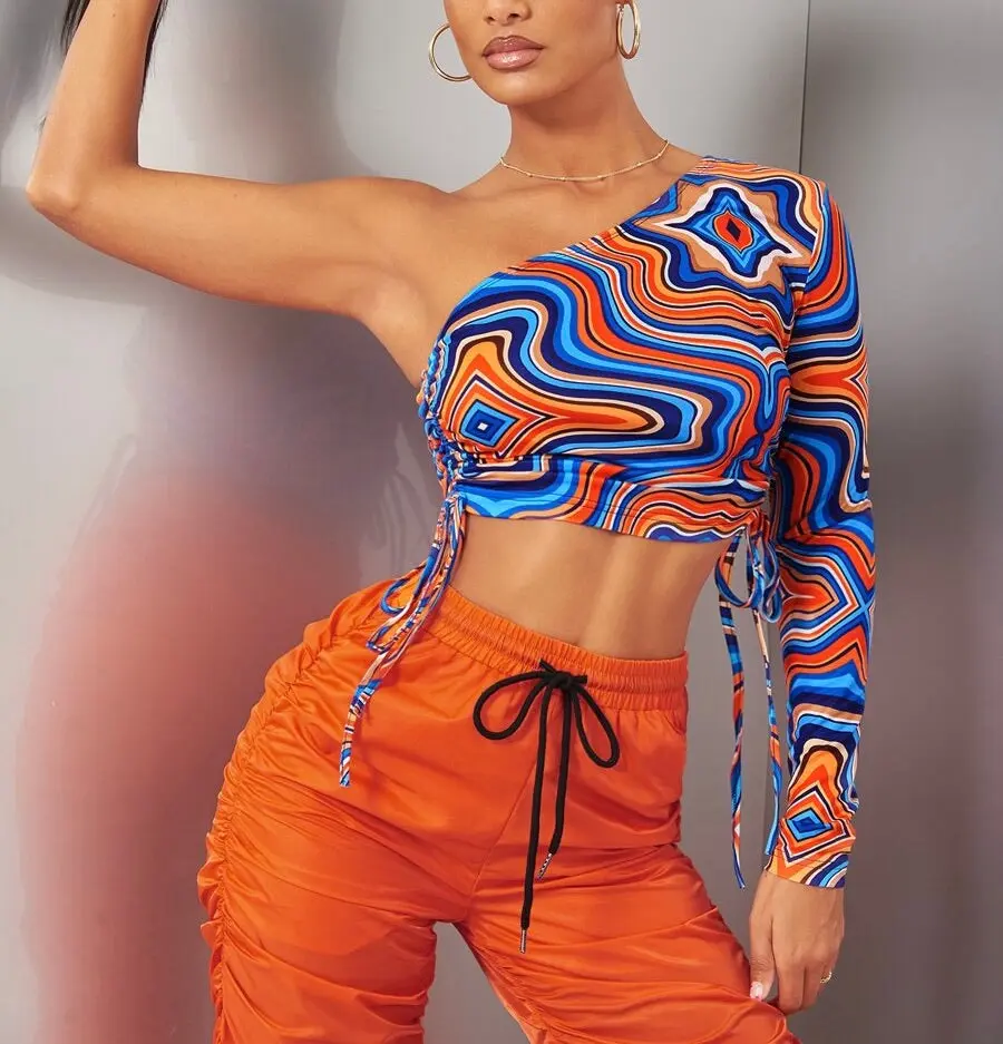 Marble Print One Shoulder Drawstring Ruched Side Crop Top