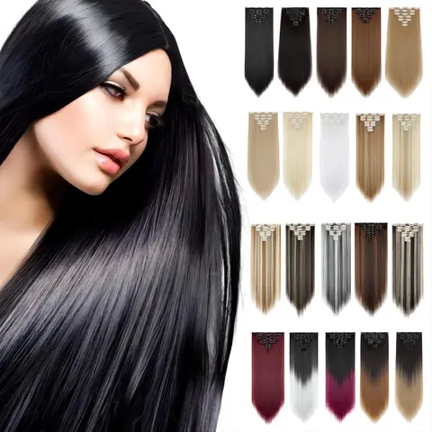 Dulchany Female Synthetic Fiber Extensions - 7-Count 23-In Long Straight Restylish Hairpieces with Thick Metal Clips, Wash & Restyle, Easy-to-Style for Clip-In Hair Solutions
