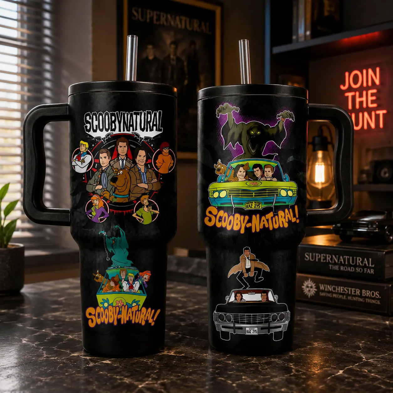 Scoobynatural 40oz Tumbler with Handle & Straw, Scooby-Doo x Supernatural Insulated Cup, Winchester Brothers & Mystery Gang Drinkware, Horror TV Crossover Fan Gift