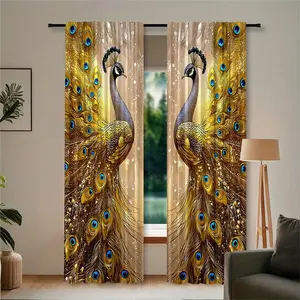 2-piece 2D flat design, golden peacock luxury style. Embroidered semi-transparent curtains, rod bag curtains, suitable for living room, bedroom and home decoration. Hand washable, hookless.