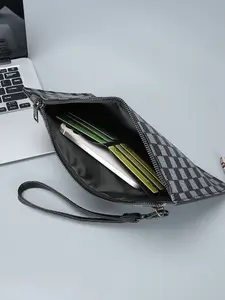 Men's PU Grid Handbag Large Capacity Underarm Bag, Portable Zipper Wallet Organizer, Wallet Clutch, Ideal for Small iPad & Card Storage