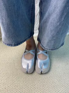 Women's French Cross Strap Pig-Toe Flat Shoes, Genuine Leather Mary Jane Ballet Flats, Comfortable Casual Footwear, Cute Fashion Design, Round Toe Flats