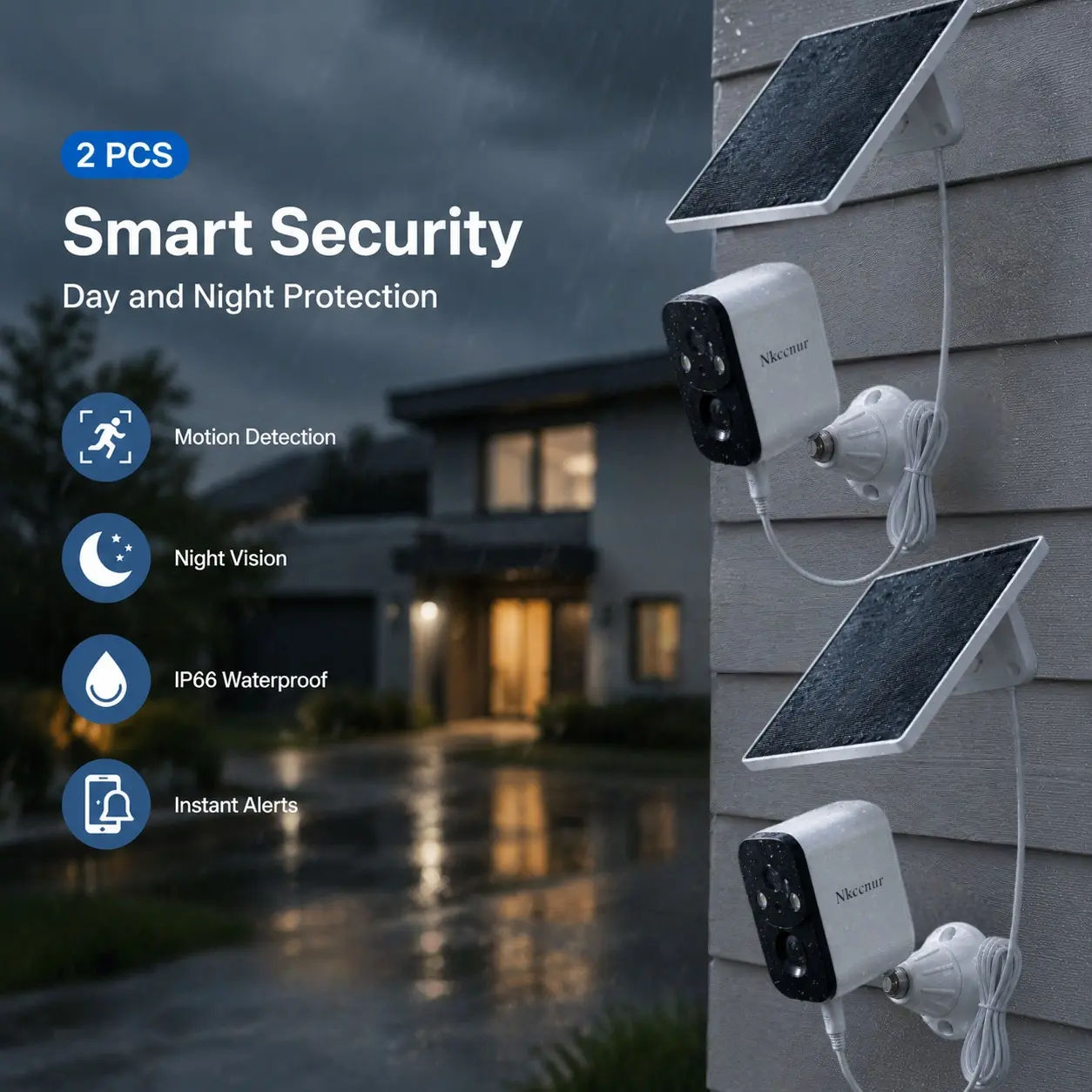NKCCNUR 2pcs Solar Security Camera Wireless Outdoor Kit, Battery‑Powered 1920P HD WiFi Camera for Home Monitoring, PIR/AI Motion Detection, IP66 Waterproof.