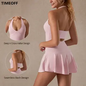 TIMEOFF Women's Sleeveless Halter Backless Sporty Dress - Soft Stretch, Hidden Pockets - Gym Clothes Women, Ideal for Yoga, Tennis, Backless Sports Dress
