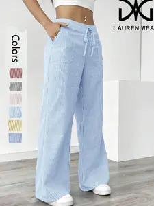 Women’s Striped Wide Leg Pants – High Waist Drawstring Casual Trousers with Pockets, Loose Fit Lightweight Comfy Lounge Pants for Summer and Fall, Soft Breathable Fabric, Ideal for Daily Wear, Home, Travel, or Relaxed Office Outfits