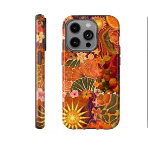 Vibrant Sunset-Inspired Phone Case with Tropical Florals, Oranges, and Artistic Patterns, Orange Collage, Gift for her for iPhone 11-17 Pro Max