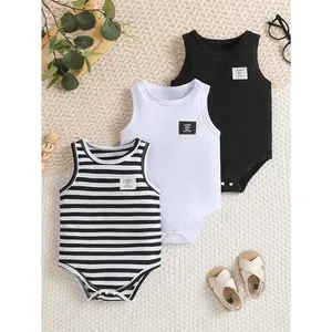 3 Months to 2 Years Summer Baby Bodysuit Set Vest Style Round Neck Striped Solid Color Cotton Baby Outfit for Family Matching Boys Girls