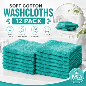100% Cotton Washcloths Set, 12 Pack 12"*12" Soft Absorbent Face Towels, Fade Resistant, Ultra Gentle Skin-Friendly & Quick Drying Design, Multi-Purpose Fingertip Towels in Teal Color, Premium Breathable Cotton Cloths for Facial Cleansing, Bath Shower Use,