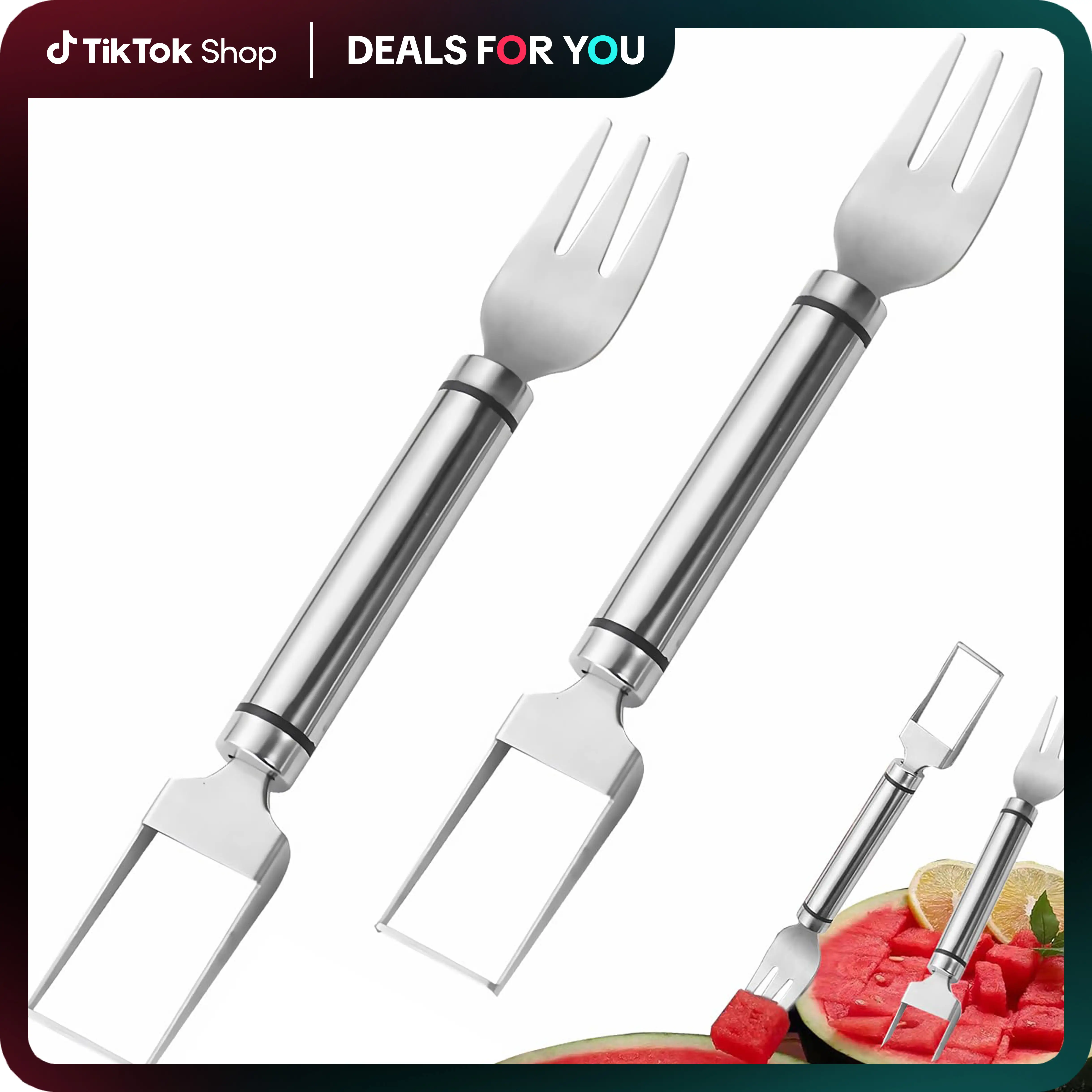 2-Pack Professional Watermelon Cutter Set – Dual-Action Stainless Steel Fruit Slicer & Serving Fork (Instant Cube/Wedge Cutter)