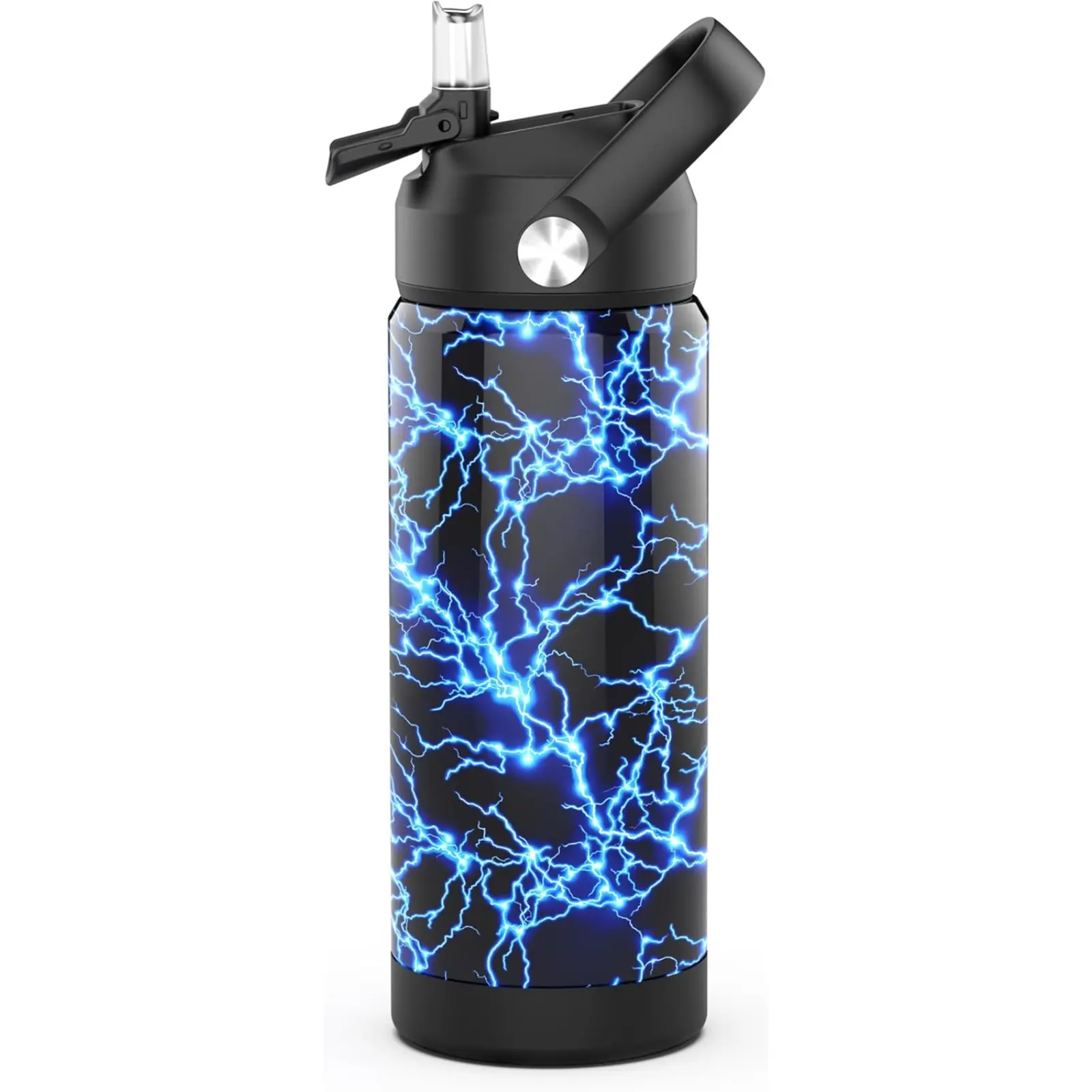 Boys' 18 oz BPA-Free Stainless Steel Water Bottle - Wide Mouth, Leak-Proof Lid, Straw, Portable Insulated Travel Drinkware, Constant Temperature for School (Lightning Design)
