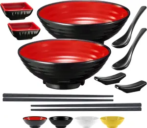 Unbreakable Ramen Bowl Set with Chopsticks and Spoon: 2 large Japanese Style Melamine Ramen Bowls, Dipping Bowls and Chopstick Stands for Asian Pho Soup Thai Miso Udon Wonton (2 Bowl Set, Red-Black)