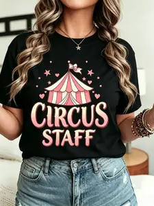 Plus Size Short Sleeve T-Shirt, American Sweet Cool Circus Style, Gradient 'circus Staff' Print, Casual Party for Girls