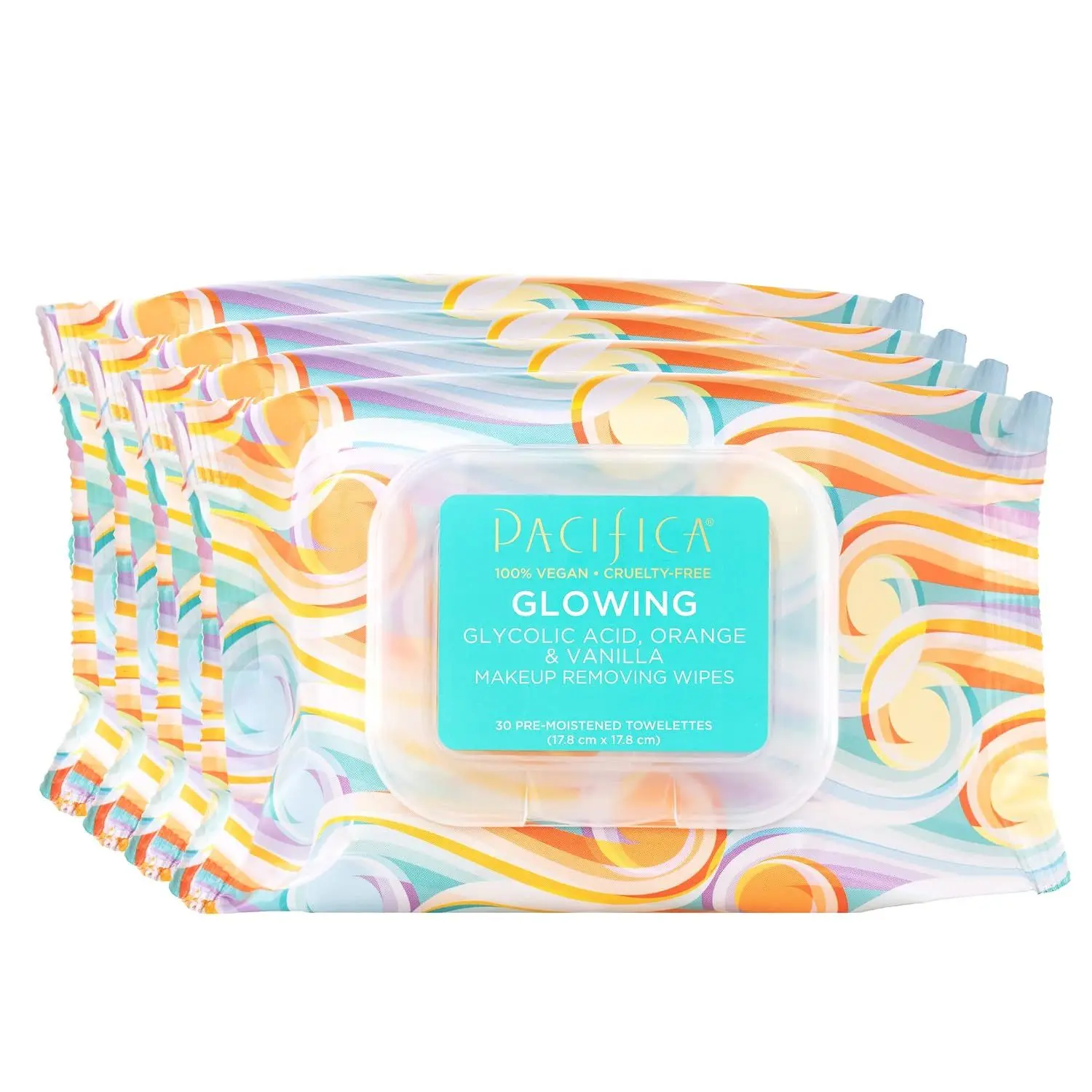 Pacifica, Glowing Makeup Remover Wipes - with Glycolic Acid for AHA Exfoliating and Facial Cleansing - No Rinse Face Cleaning Towelettes - Dermatologist Tested, 30 Count
