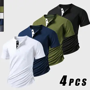 4 Pieces Slim-Fitting Men's Cotton Stretch Henley Tee | Casual Short Sleeve T-Shirt with Pocket