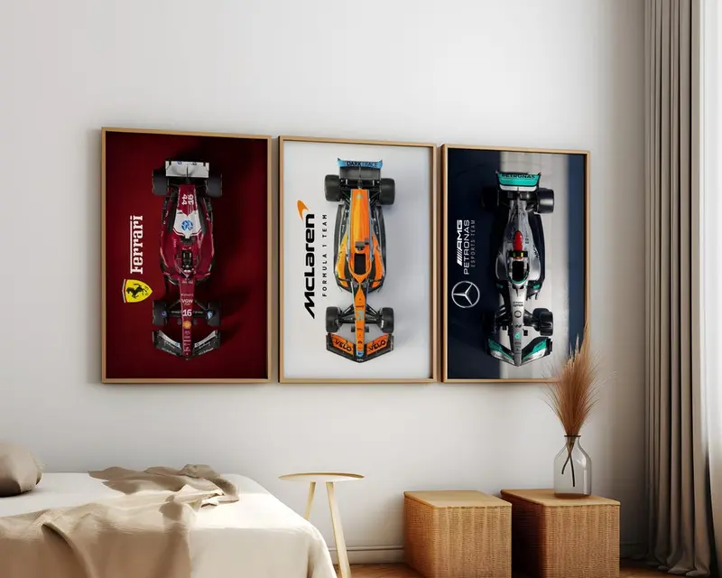 Formula 1 Car Posters Set of 3 , Ferrari, McLaren & Mercedes Wall Art for Racing Fans