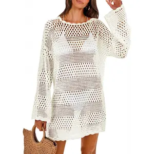 Women's Crochet Knit Swimsuit Cover-Up 2026 Summer Swimwear Mesh Knit Beach Dress Vacation Outfit