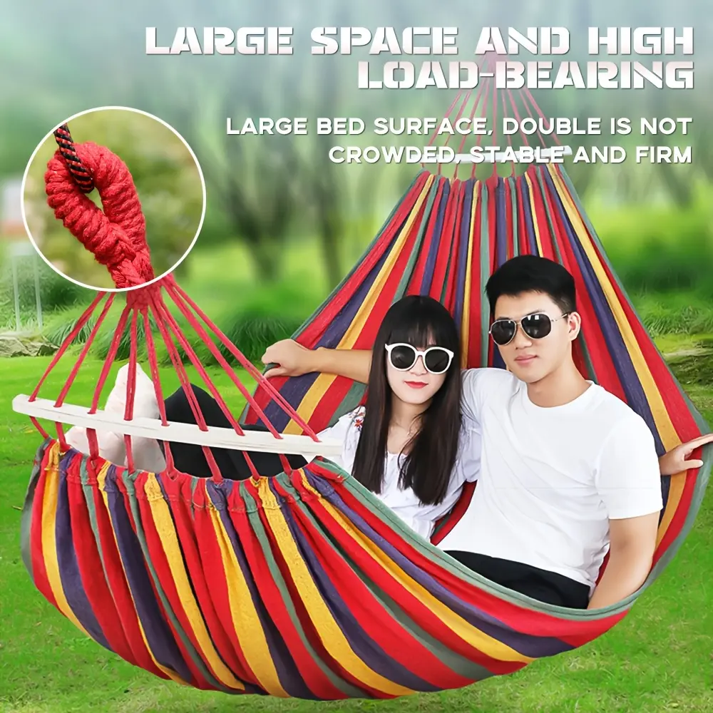 1pc Of Canvas Hammock With Wooden Stick - Red Thick Canvas Material Roll Resistant Hammock - Bearing 450 Pounds, Tree Friendly Shoulder Strap, Portable Handbag - Perfect For Outdoor, Indoor, And Camping Use outdoor portable hammock