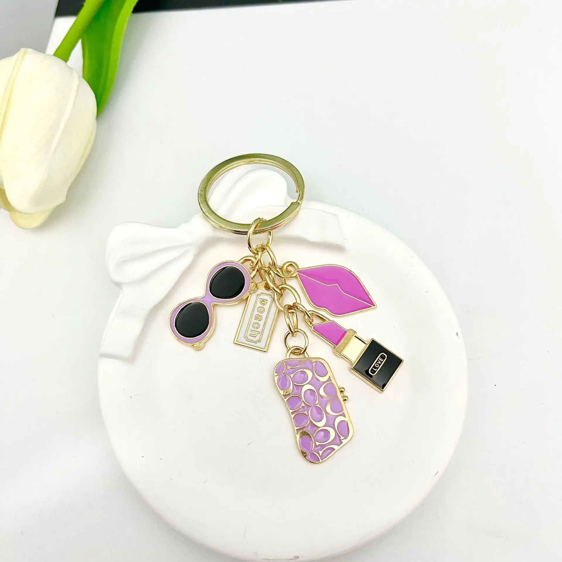 Alloy Metal Lipstick-Glasses Creative Combo Keychain Charm Set, Fashion Accessory with Unique Look for Car & Bag Key Organizing