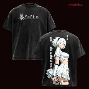 Men's Nier Automata Anime Double-Printed Vintage Washed Oversized Streetwear T-Shirt, Unisex Round Neck Short-Sleeve Heavyweight Cotton Menswear Top